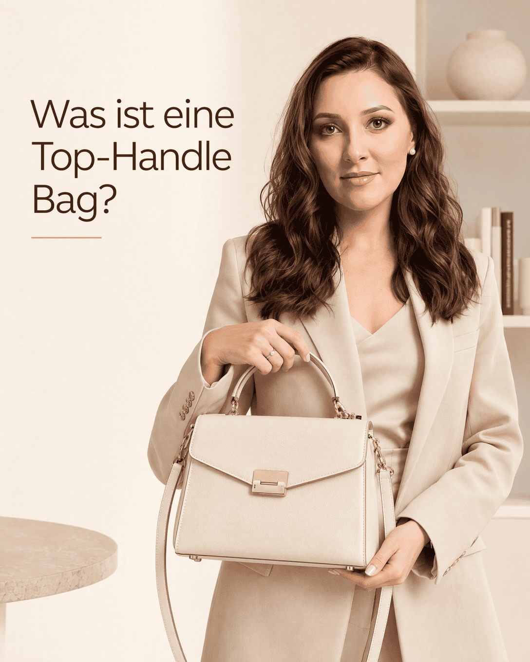 Strukturierte cremefarbene Top-Handle Bag mit kurzem Bügelhenkel, festem Korpus und abnehmbarem Schulterriemen