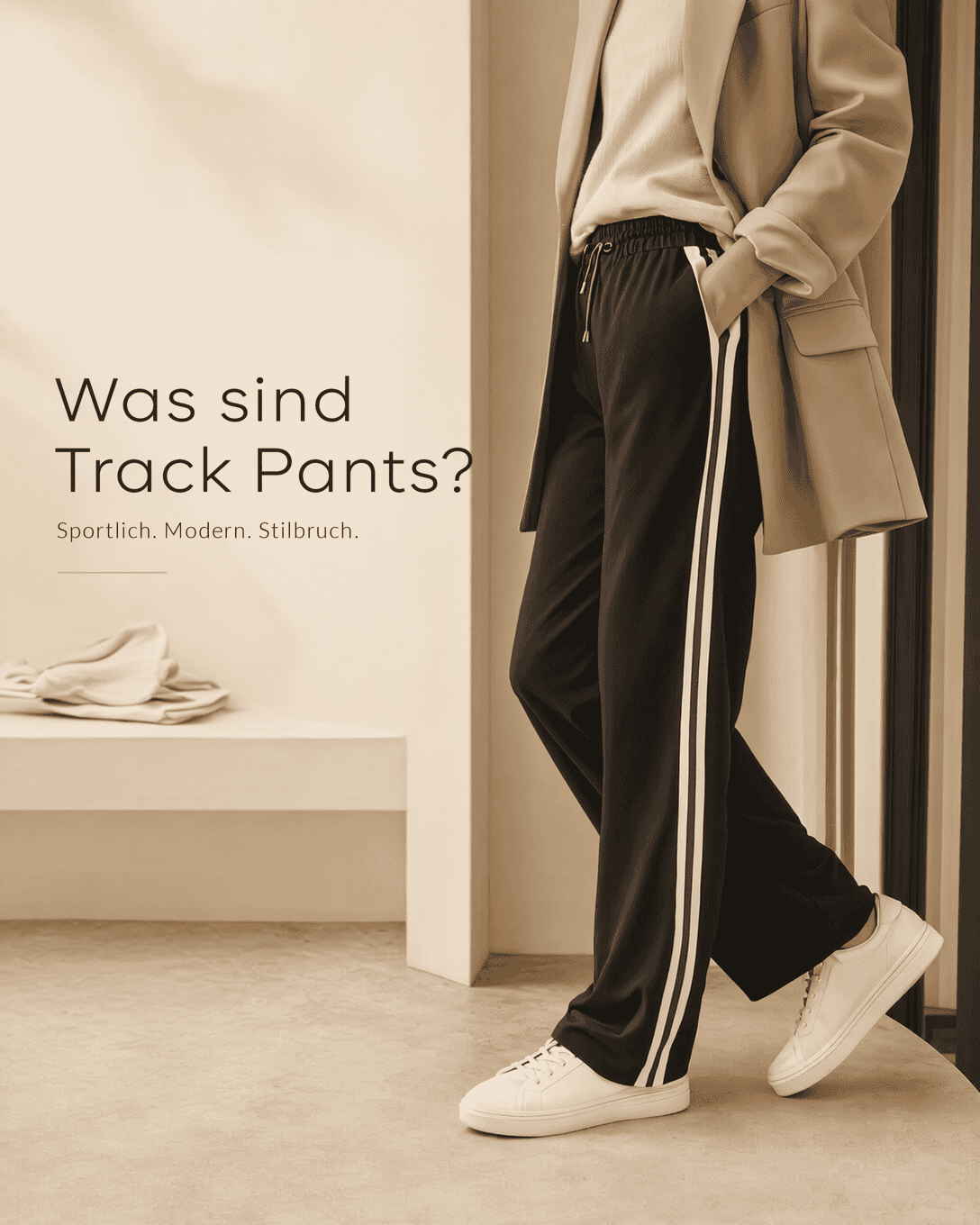 Editoriale Grafik zu Track Pants mit ruhigen Formen, Stofflinien und ESKYNA Farbwelt
