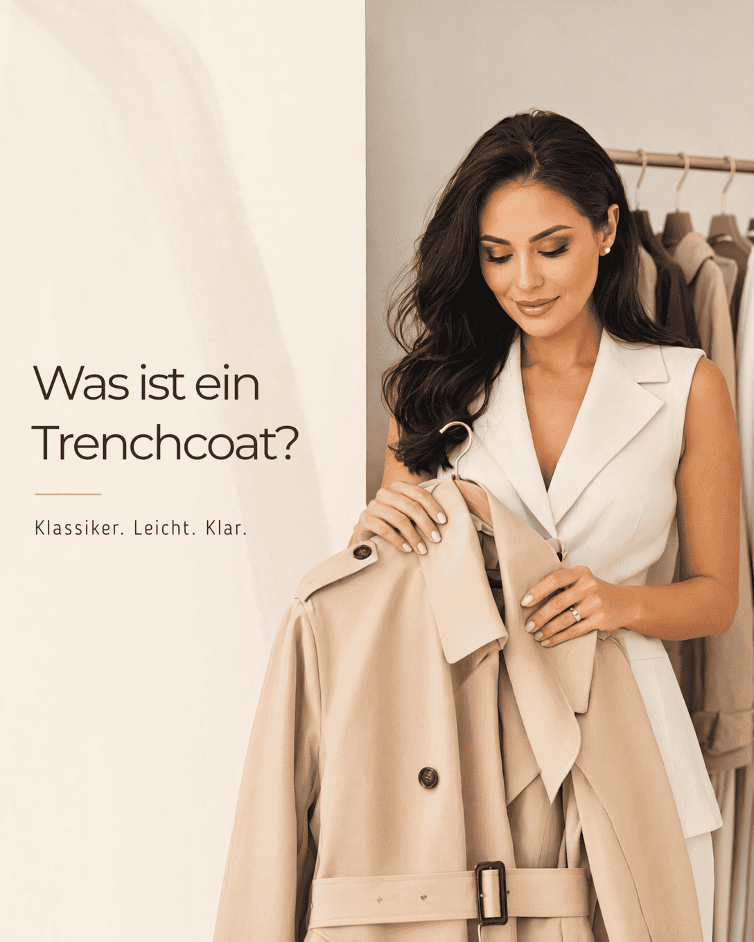Editoriale Grafik mit stilisiertem Trenchcoat, Gürtel und beigen Farbfeldern