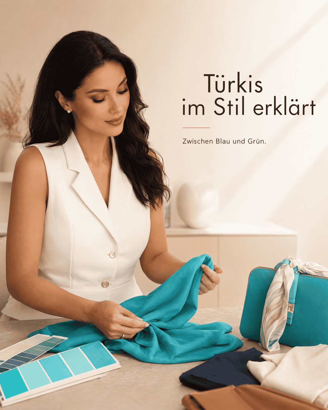 Editoriale Grafik zu Türkis mit Farbfeldern, Materialflächen und ruhigen Kombinationsakzenten