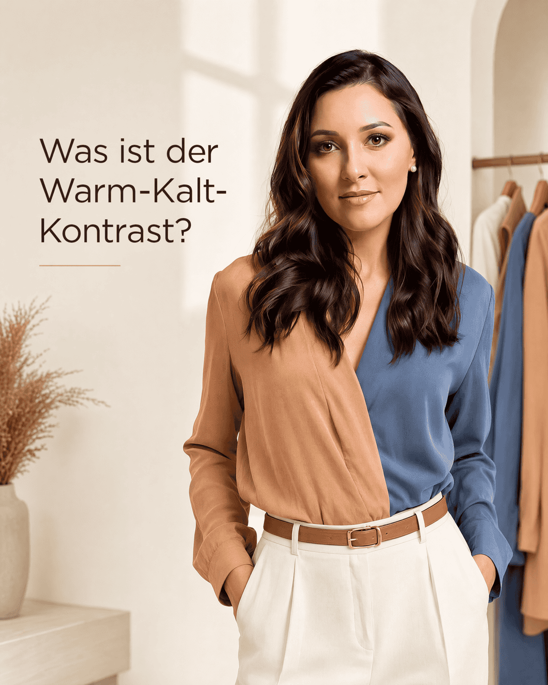 Gegenüberstellung eines warmen und eines kühlen Outfits mit vergleichbarer Helligkeit und Farbstärke