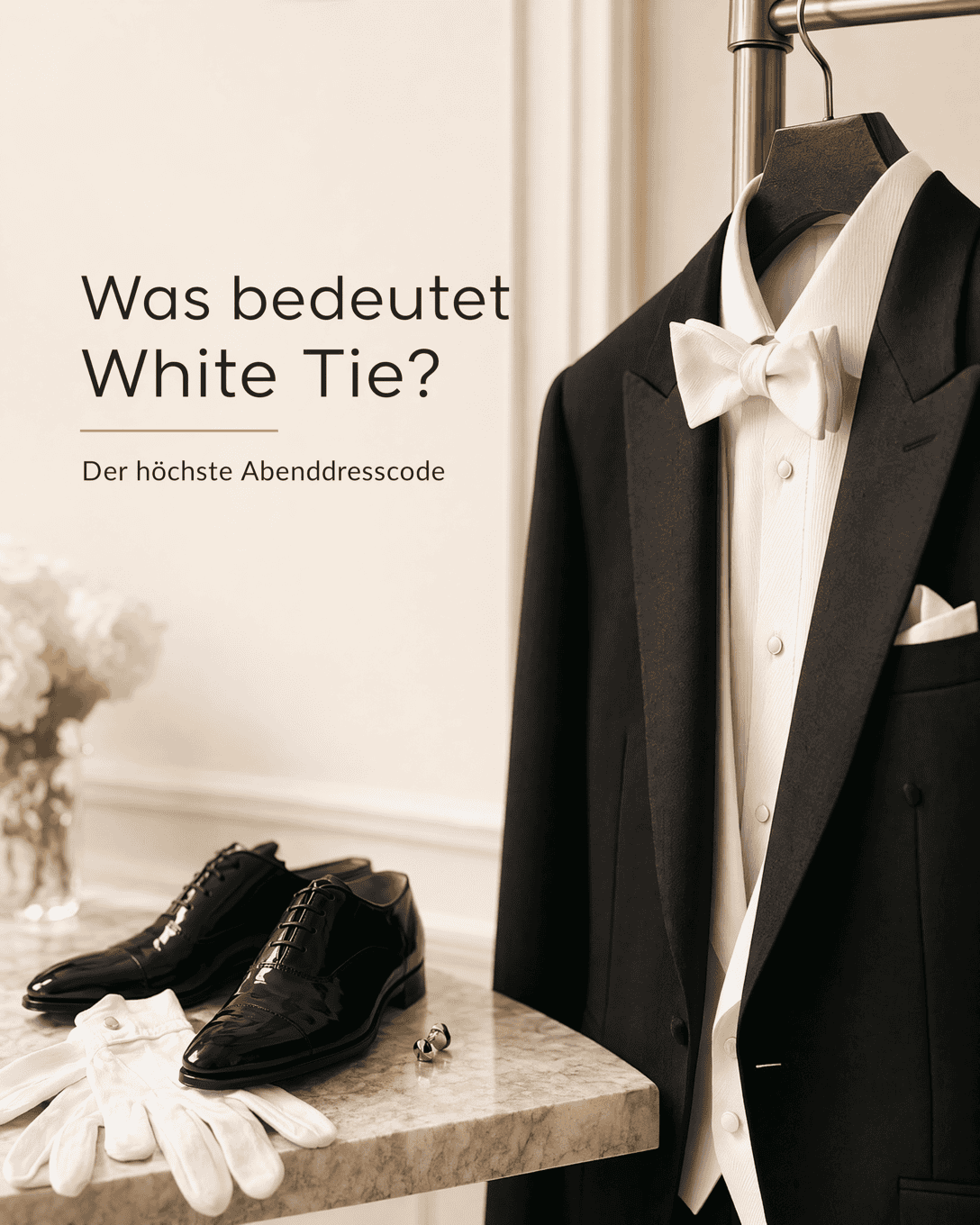 Editoriale Glossar-Grafik zu White Tie mit ruhigen Farbfeldern und feiner Linienführung