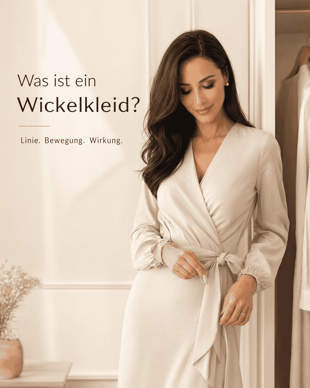 Editoriale Grafik mit stilisiertem Wickelkleid, überkreuzter Linie und gebundener Taille
