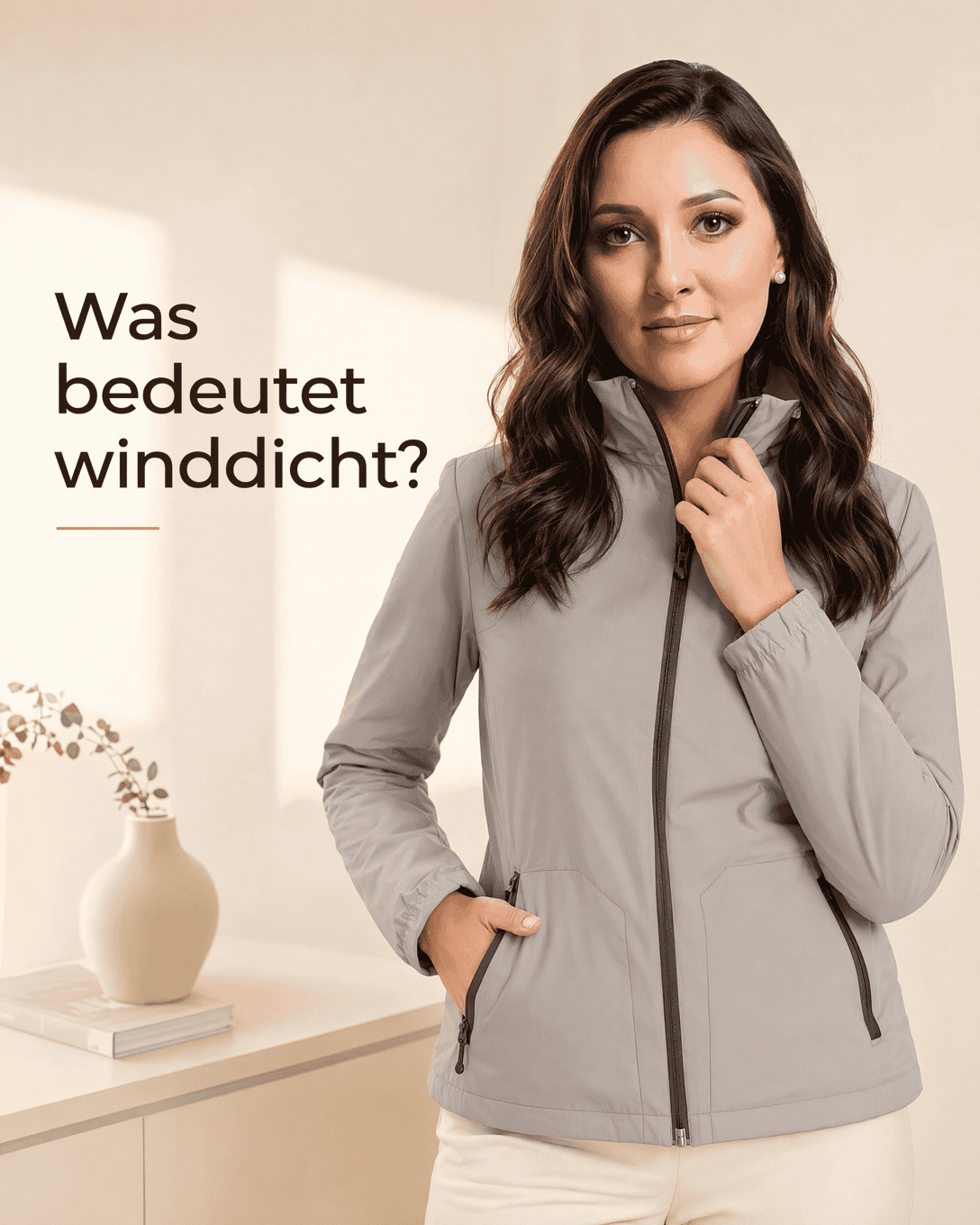 Geschlossene winddichte Jacke mit hochgestelltem Kragen bei sichtbar starkem Wind im Freien